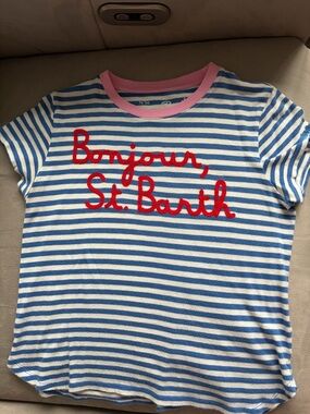 Bonjour St. Barth Striped Kids Tee - Blue/White with Pink Trim